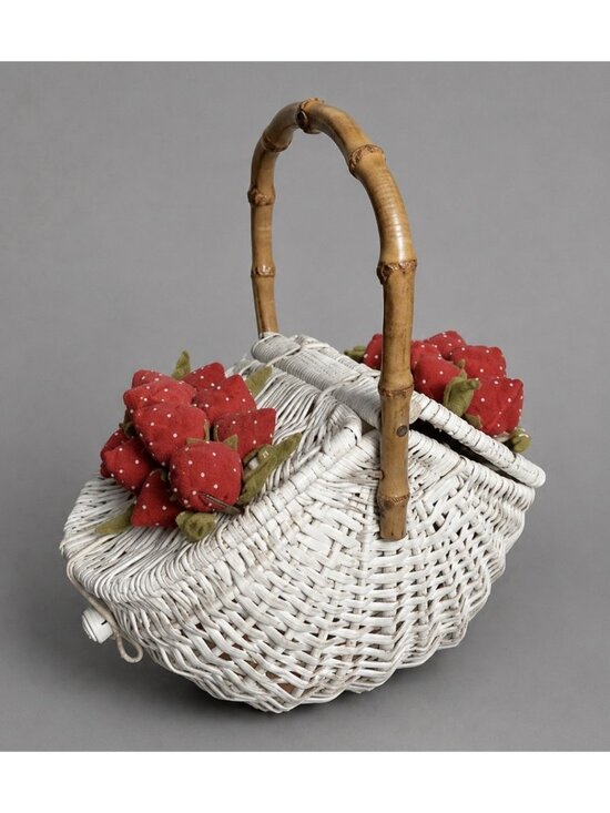 Vintage Handbags - Vintage Mid-Century White Wicker Basket Purse Strawberry Theme Pinup Japan